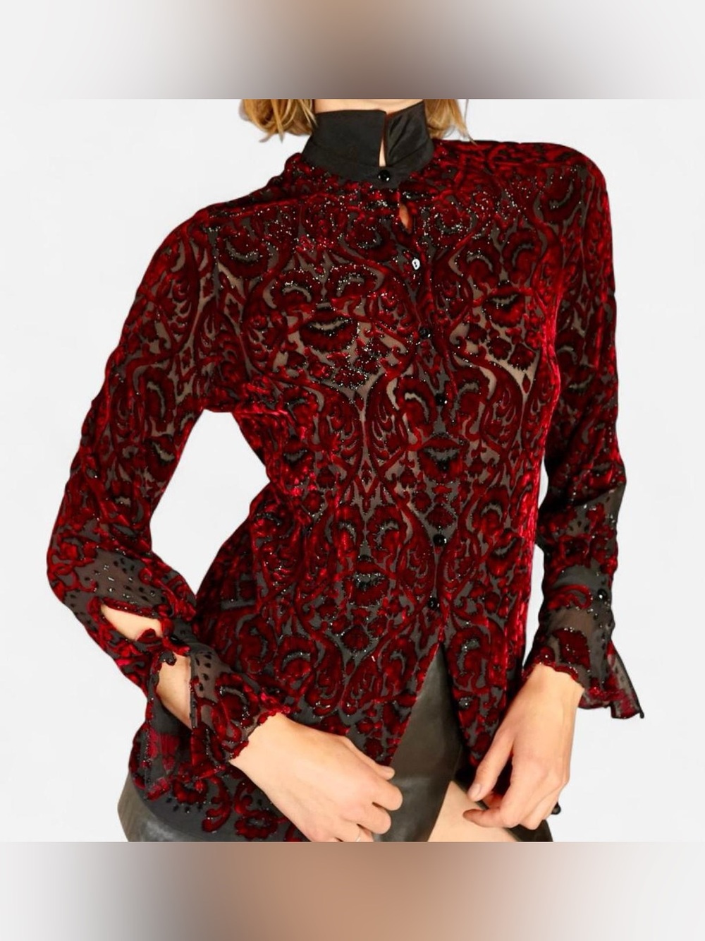 Vintage 80s / 90s Badgley Mischka red black silk velvet burnout paisley blouse M